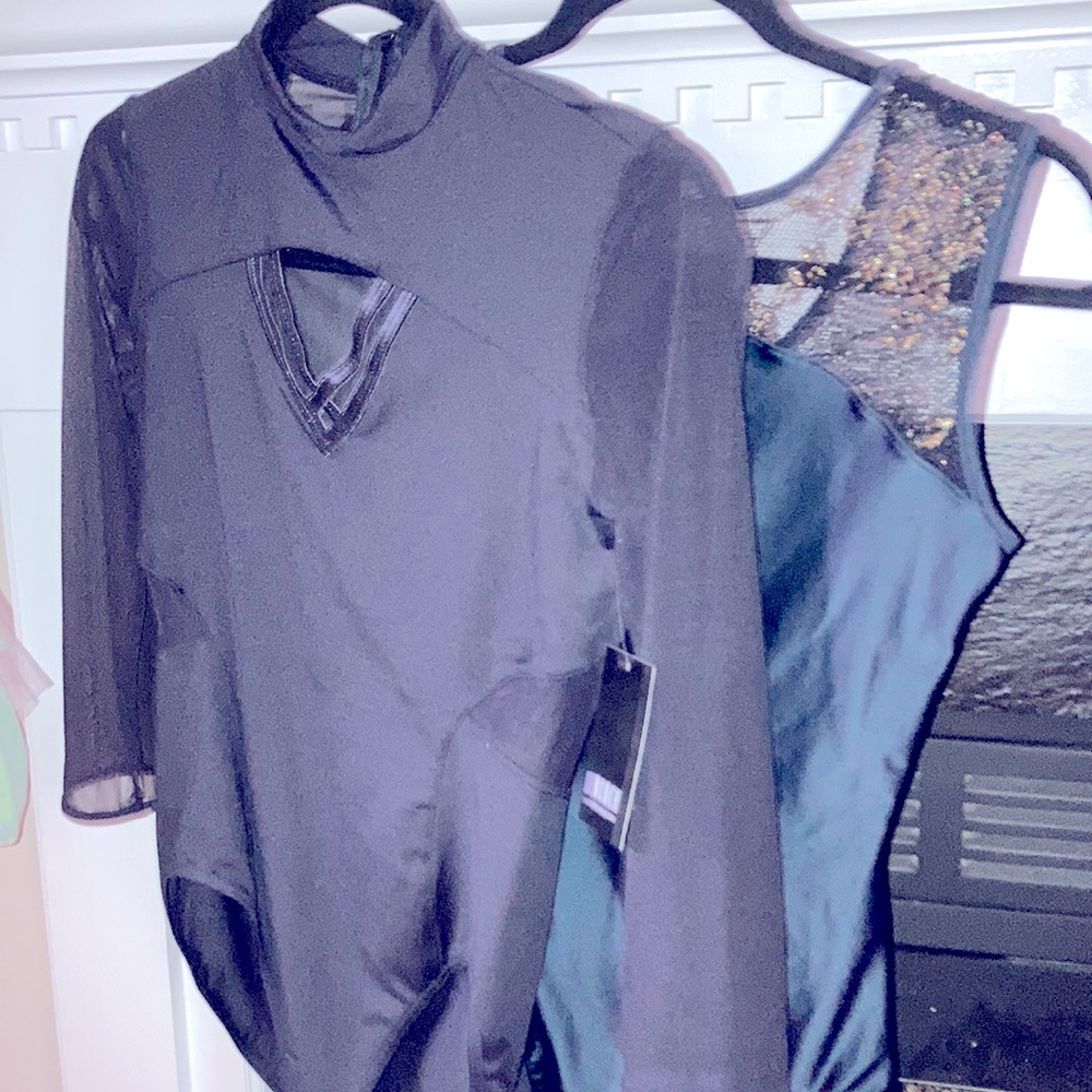 Black block sheer leotard for women in dance, theater, or after-hours